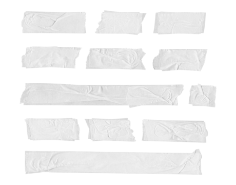 Collection of adhesive tape pieces on transparent background, isolated