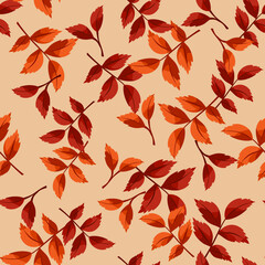 Seamless pattern with orange and brown autumn leaves on a beige background. Vector illustration
