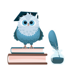 Owl on a book with an inkwell and a pen in blue tones, vector graphics isolated on a white background
