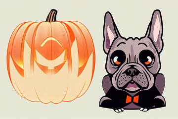 Fototapeta premium dog french bulldog pumpkin Halloween icon logo illustration symbol cartoon ,toon style, anime style, cartoon stylev3