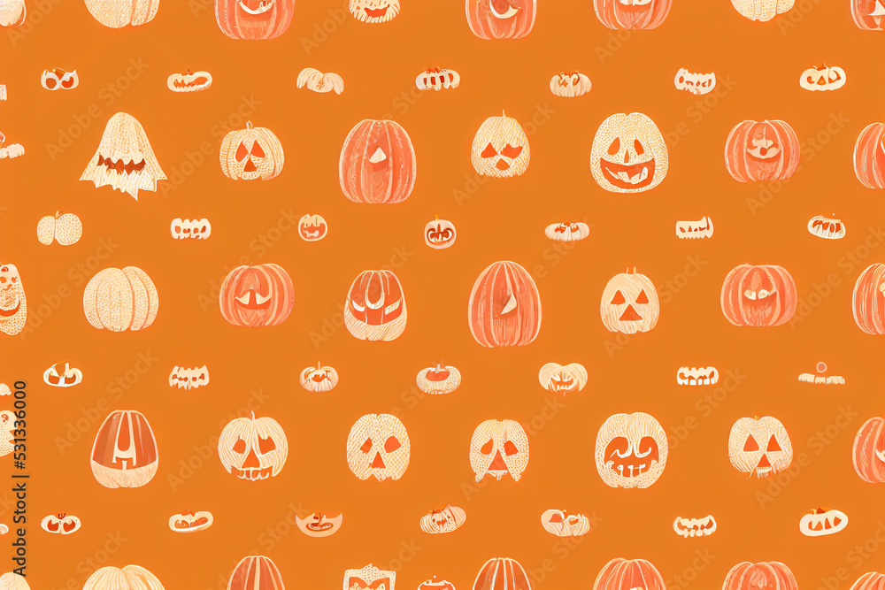 Wall mural Cute spooky orange pumpkin, skeleton, bat, lollipop and candy seamless pattern, Halloween holidays cartoon character set, Trick or treat background, painting, illustration, drawing v1