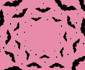 A wallpaper with copy space made of bats in different sizes and black and white eyes on magenta background. Creative design for Halloween advertisement or banner or card. Flat lay