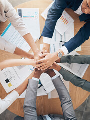 Team hands, support and work motivation of business workers working with financial data. Finance...