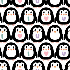 Cartoon style penguins and hearts seamless pattern. Perfect print for paper, textile and fabric. Hand drawn vector illustration for decor and design.