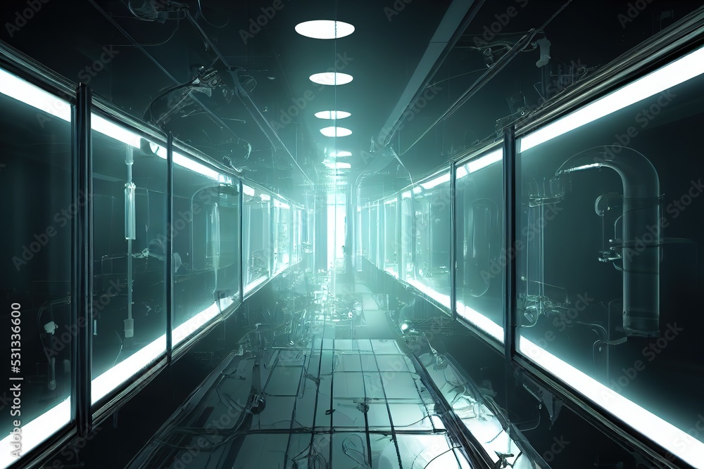 Poster the long illuminated corridor of a modern laboratory. 3d rendering