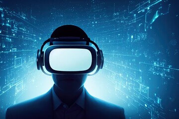 Virtual reality goggles are worn on the man's face. 3D rendering