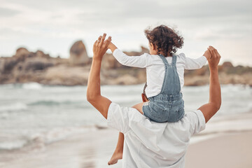 Fototapeta na wymiar Beach water, dad and child on family holiday together for a fun summer break to bond in nature. Happy father and kid enjoy ocean vacation with young girl holding parent for balance on shoulders.