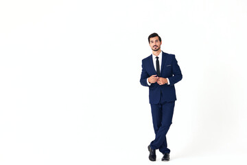 Obraz premium Man business smile with teeth in a suit business job walks open mouth happiness and surprise full-length on white isolated background copy space 