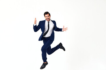 Man business smile with teeth in costume running and jumping flying up open mouth happiness and surprise full-length on white isolated background copy space 