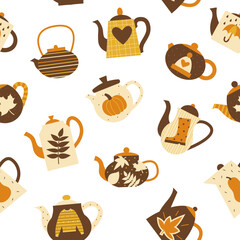 Cozy fall elements seamless pattern. Autumn clipart backgroung. Vector flat illustration.