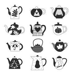 Cozy fall black and white image collection. Isolated autumn elements clipart concept. Vector flat illustration set.