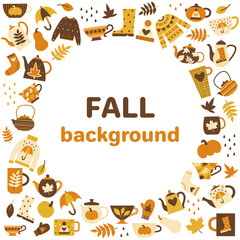 Fall elements collection for text in center. Cozy fall concept clipart. Orange brown yellow palette images. Vector flat illustration set.