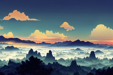 Panorama of sea of clouds around mountain peaks at sunrise anime style, cartoon style toon style