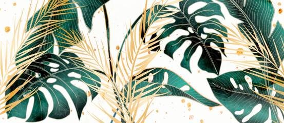 Tropical abstract art background with palm leaves in green and gold colors. Botanical banner with exotic plants for wallpaper design, print, decor, interior design, packaging. - obrazy, fototapety, plakaty
