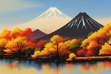 Fototapeta premium Mt, Fuji with fall colors in Japan, anime style, cartoon style toon style v3