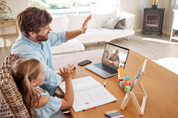 Video call, education and learning with a girl, father and teacher in a remote meeting on a laptop...