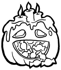 Halloween pumpkin monster head hand drawn illustration. Big round orange pumpkin. Cute and scary face ghost. Poster print design, party decoration, invitation deco.