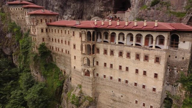 Aerial view of mountain Sumela Monastery in Trabzon Province of Turkey, 4k