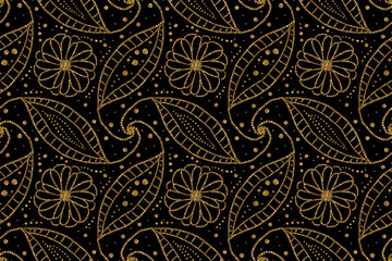 seamless floral pattern in gold glitter texture isolated on black