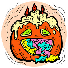 Halloween pumpkin monster head hand drawn illustration. Big round orange pumpkin. Cute and scary face ghost. Poster print design, party decoration, invitation deco.