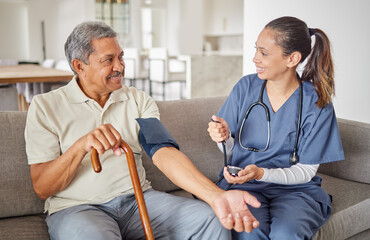 Blood pressure, senior man or nurse in healthcare, medical wellness or insurance check. Happy,...
