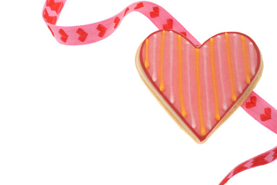 Romantic heart cookie with pink ribbon  isolated on transparency photo png file 