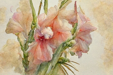 Vintage Watercolor Painting of Gladiola Flowers - obrazy, fototapety, plakaty