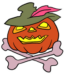 Halloween pumpkin monster head hand drawn illustration. Big round orange pumpkin. Cute and scary face ghost. Poster print design, party decoration, invitation deco.