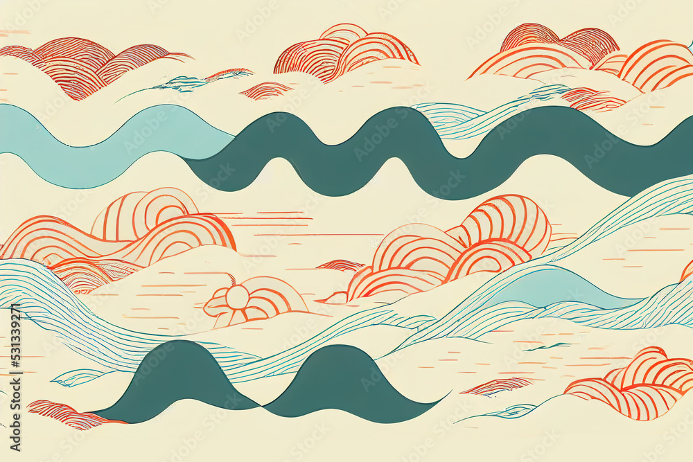 Poster japanese background with hand drawn wave pattern , abstract image with line pattern, ocean sea desig
