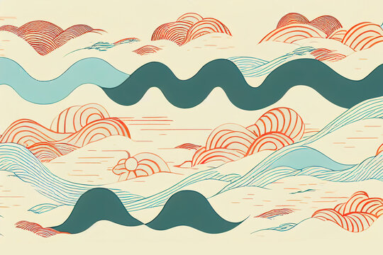Japanese background with Hand drawn wave pattern , Abstract image with line pattern, Ocean sea design in vintage style v1 © 2rogan