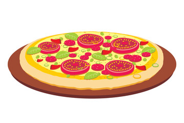 pizza vector. Melted pizza cheese. Illustration of delicious pizza full of toppings