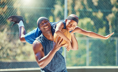 Basketball court, father and child smile together with playful and funny moment in game together. Happy, fun and healthy black family have outdoor bonding time in sports exercise break.