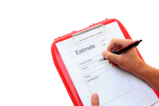 Closeup of a Contractor, writing an estimate for home repairs, on a clipboard