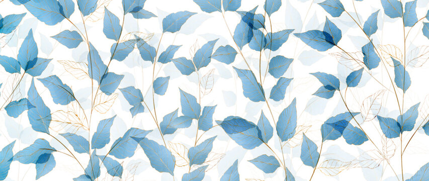 Luxury art background with a pattern of leaves on a tree branch in blue and gold tones in line style. Botanical banner in watercolor style for decoration, print, wallpaper, packaging, interior design.