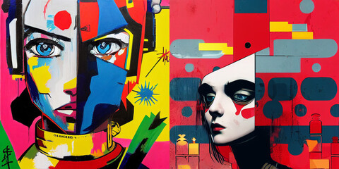 Fototapeta na wymiar Futuristic girl portrait, graffiti on the wall, collection