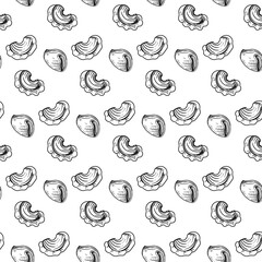 Hand drawn seamless pattern black and white of pasta, spaghetti. Vector illustration. Elements in graphic style label, sticker, menu, package