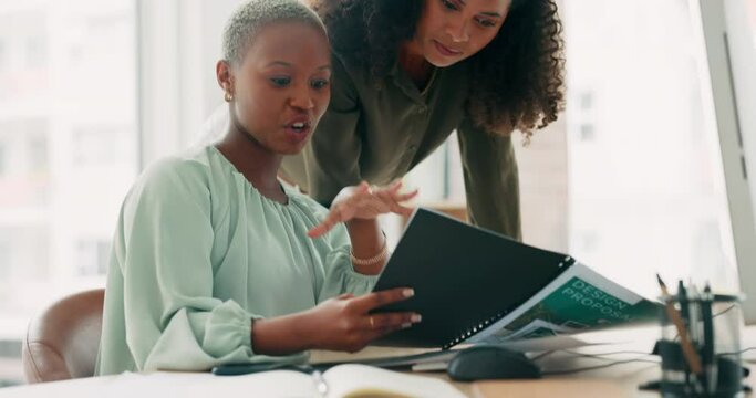 Communication, coaching and documents with business women working in a corporate office for project management. Marketing, conversation and support with female employee listening to manager