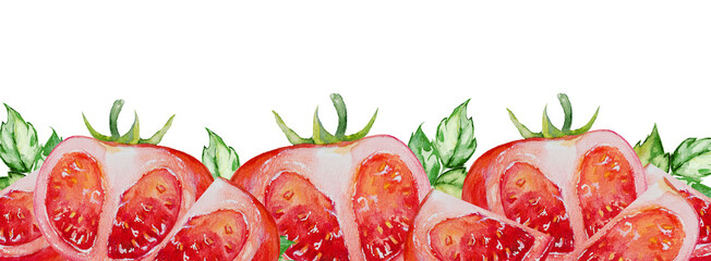 Big watercolor ripe juicy tomato slices and many green leaves isolated on white background. Summer decorative art composition for packaging, banner layout design. Hand drawn border. Harvest festival.