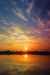 Lake at Sunrise and Mountains