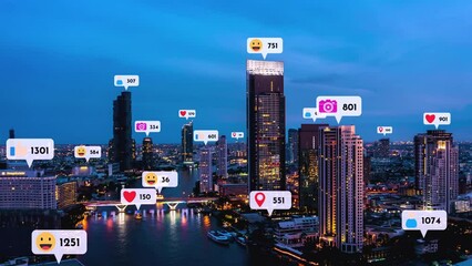 Social media icons fly over city downtown showing people reciprocity connection through social network application platform . Concept for online community and social media marketing strategy .