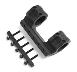 Disassembled quick disconnect sniper cantilever scope mount on white background, above view