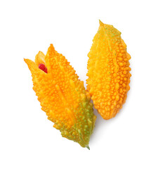 Fresh ripe bitter melons on white background, top view