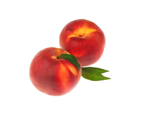 Fototapeta na wymiar Delicious fresh ripe peaches with green leaves isolated on white