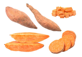 Set with whole and cut ripe sweet potatoes on white background