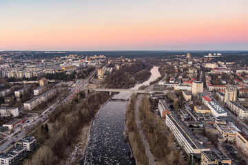 Beautiful Vilnius city panorama in winter. Aerial sunset view. Winter city scenery in Lithuania.