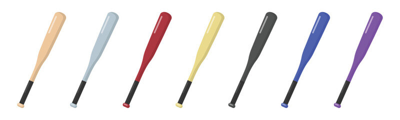 Vector graphic of 7 baseball stick. Black, gold, red, blue, purple, and silver baseball stick illustration with flat design style. Suitable for poster or content design assets