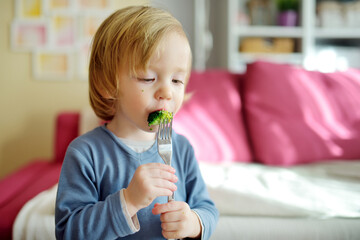 Cute little toddler boy eating broccoli. First solid foods. Fresh organic vegetables for infants.