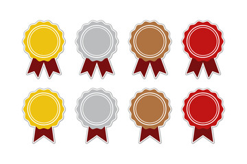 Gold, silver, bronze, and red sticker label set with ribbon.
