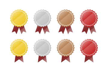Glassy luster gold, silver, bronze, and red award icon set with ribbon sign, transparent PNG.