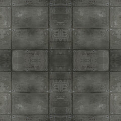 Seamless image of an old wall lined with dark gray, worn tiles. Dark seamless background. The texture of concrete with symmetrical patterns.
